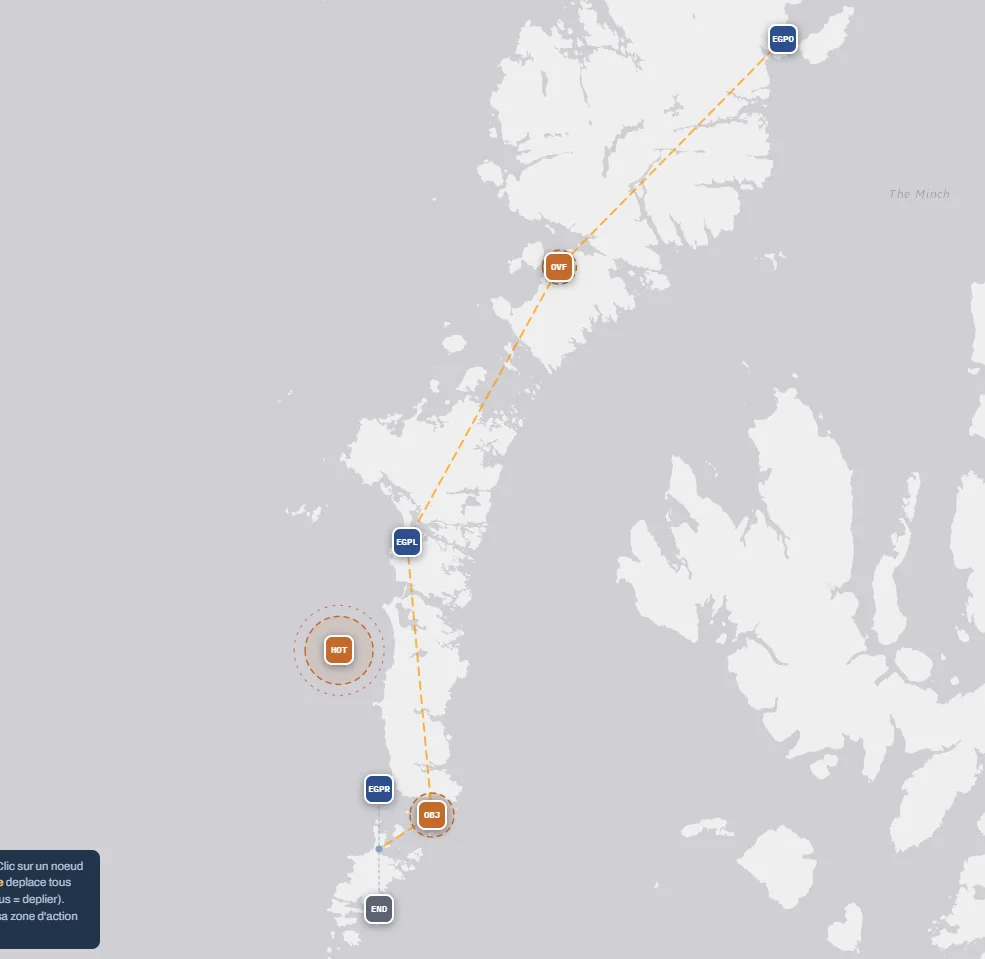 Une mission à deux étapes sur la carte : Stornoway, Benbecula, Barra, et la zone du champ de tir.
